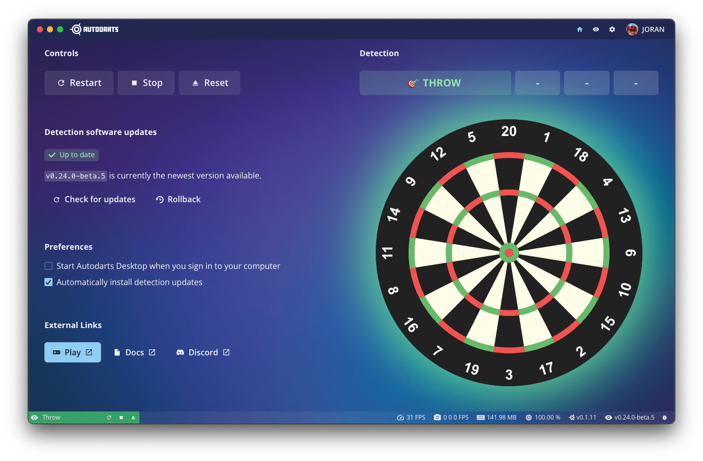 The Autodarts Desktop window, showing board detection running