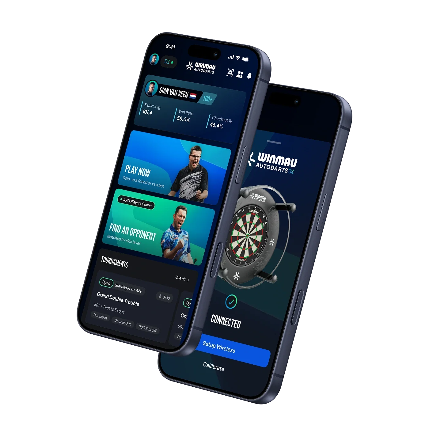 The Winmau Autodarts app on two phones, showing a live match and the Autodarts X connection screen